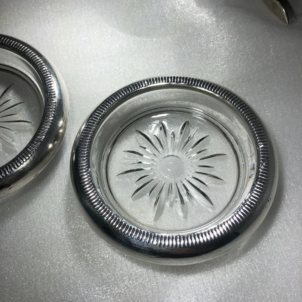 VINTAGE CROWN STERLING & CRYSTAL SUNBURST COASTERS OR ASHTRAYS - SET OF 2